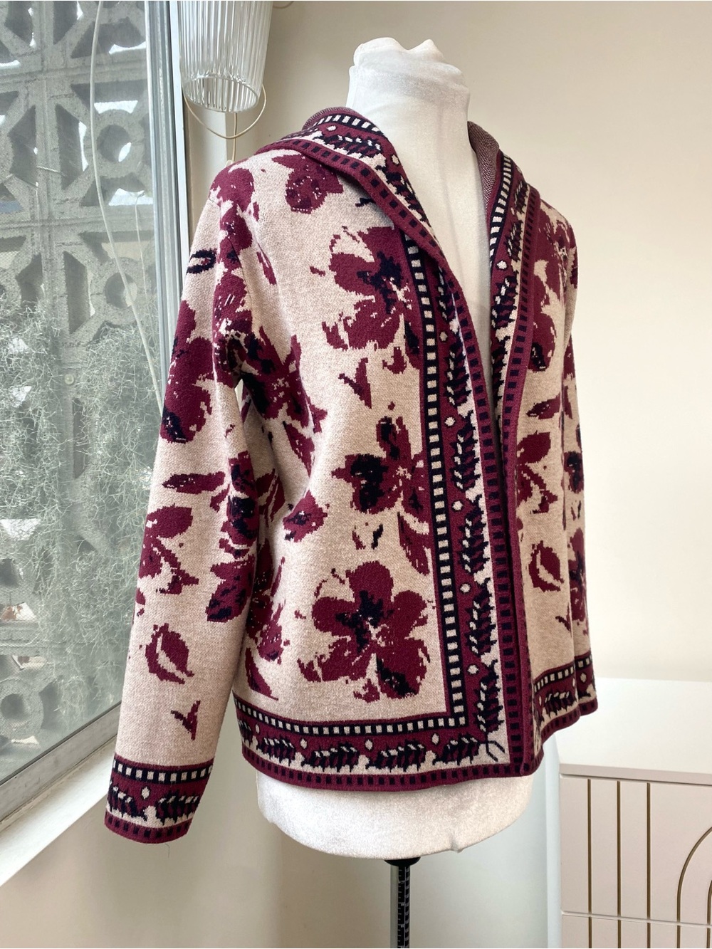 Rachel Zoe Burgundy Floral Jacquard Hooded Cardigan Sweater, Size S - Picture 4 of 9